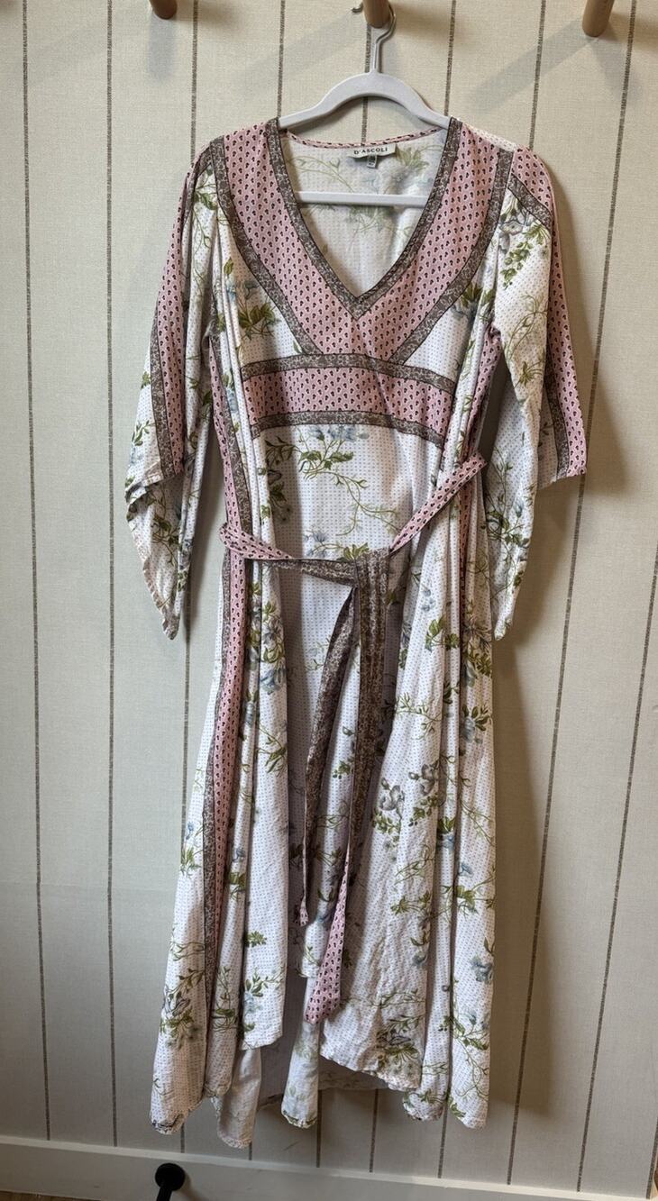 D’ascoli Kaftan Midi Dress Pink Floral Grannycore OS Cottagecore High Low Blue